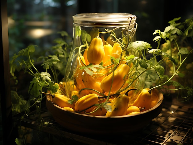 Foto um presente da natureza uma caixa de vidro abundante exibindo as melhores frutas e vegetais da natureza
