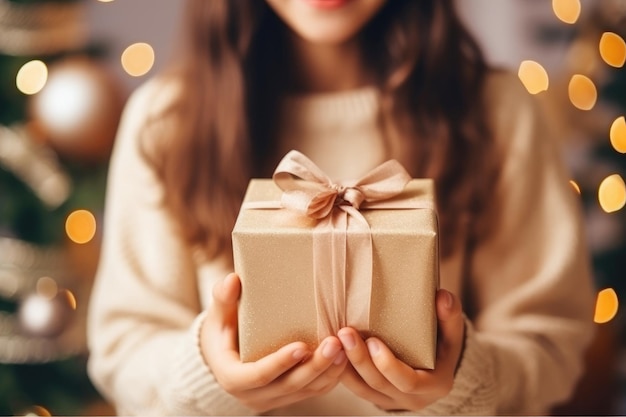 Um presente nas mãos de uma rapariga para o Natal e o Ano Novo.