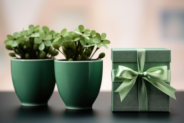 Um presente verde para o Dia de São Patrício dois vasos verdes com flores de trevo para boa sorte