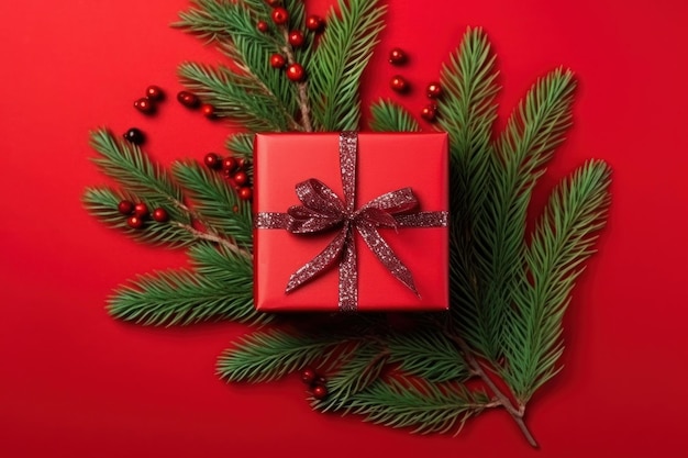 Um presente vermelho com uma fita que diz " Natal ".