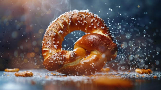 Um pretzel castanho dourado sendo salgado com grãos rebotando