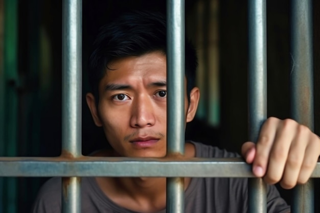 Um prisioneiro asiático em uma cela atrás das grades Jovem na prisão Desespero, tristeza e solidão da pessoa que cometeu o crime