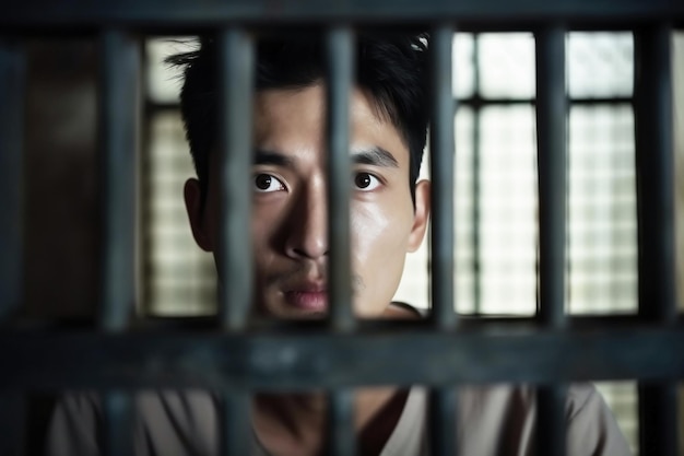 Um prisioneiro asiático em uma cela atrás das grades Um chinês atrás das grades A dor e o sofrimento do prisioneiro Julgamento Desesperança