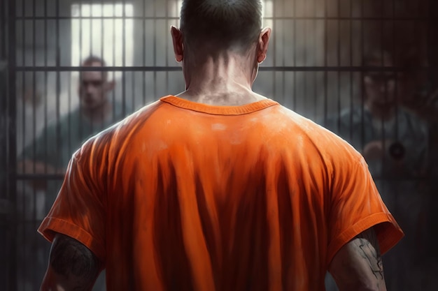 Um prisioneiro irreconhecível em uma túnica laranja parado na vista traseira da prisão Ilustração generativa de IA