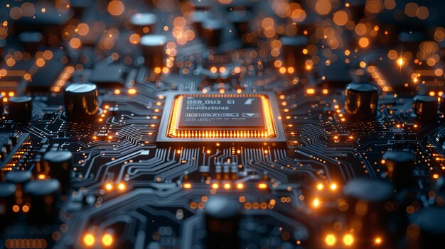 Foto um processador de computador de chip digital abstrato e componentes eletrônicos em uma placa-mãe ou placa de circuito tecnologia para o desenvolvimento de dispositivos eletrónicos em microchips ou microprocessadores mecânicos