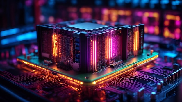 Um processador de computador futurista com uma complexa placa de circuito integrado de microchips em luzes de néon