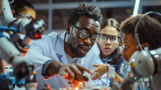 Foto um professor afro-americano explicando engenharia para estudantes universitários usando um braço robótico acompanhado por um grupo diversificado de jovens engenheiros fazendo brainstorming enquanto programam ciência da computação