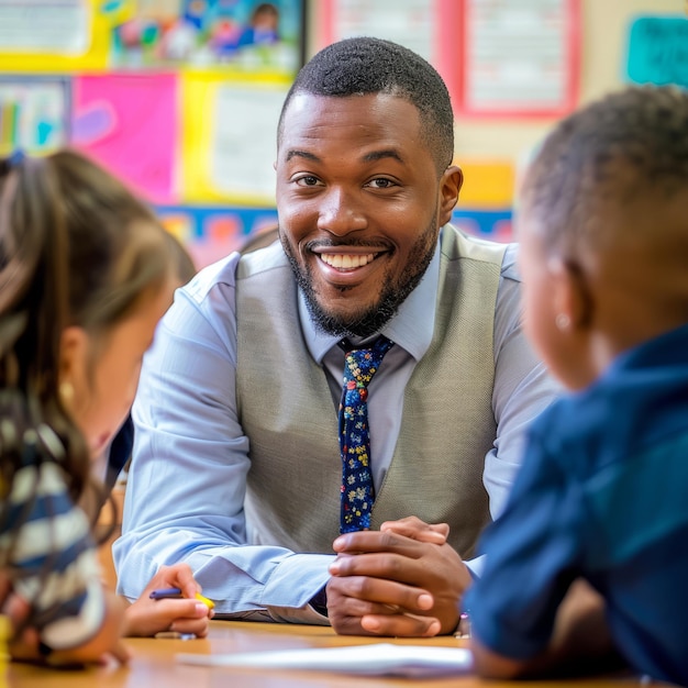 Um professor afro-americano orienta crianças da escola primária em uma turma que promove um ambiente de aprendizagem estimulante