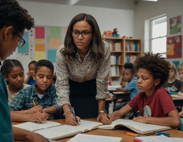 Foto um professor com alunos em uma sala de aula com um deles lendo um livro