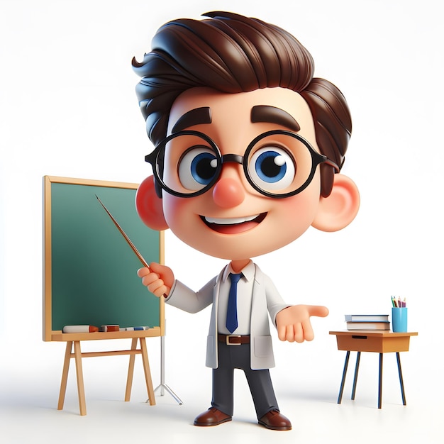 Foto um professor de desenho animado com óculos e uma bata de laboratório branca está de pé na frente de um quadro verde