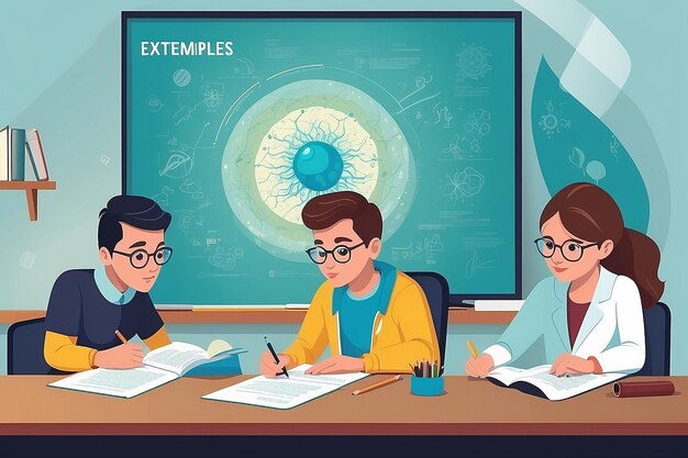 um professor e alunos estudando extremófilos e suas potenciais aplicações ilustração vetorial em estilo plano