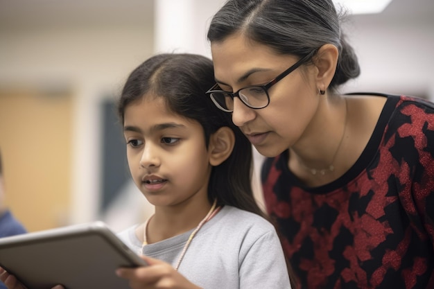 Um professor e um aluno olham para um tablet