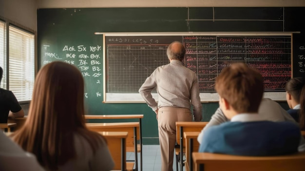 Um professor está em frente a um quadro-negro com a palavra matemática.
