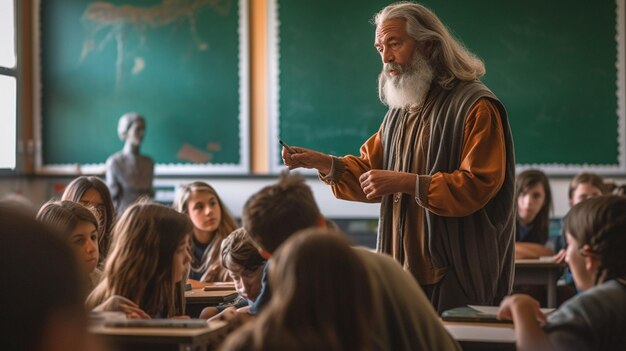 Um professor está na frente de uma sala de aula cheia de alunos.