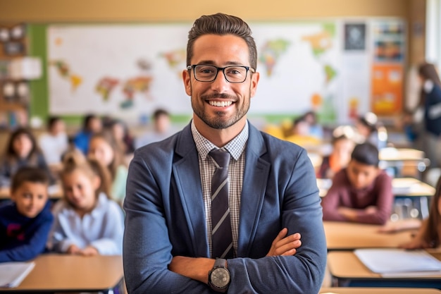 Um professor está na frente de uma sala de aula cheia de crianças