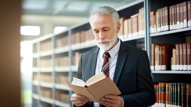 Um professor idoso de óculos lê um livro repetindo material para pregar um assunto aos alunos