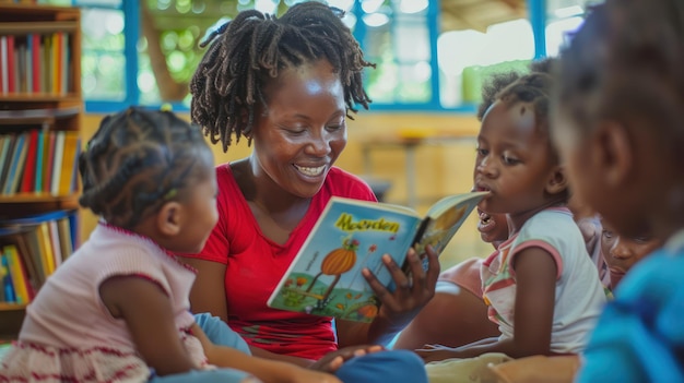 Um professor lendo uma história para jovens alunos