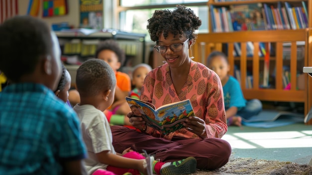 Um professor lendo uma história para jovens alunos