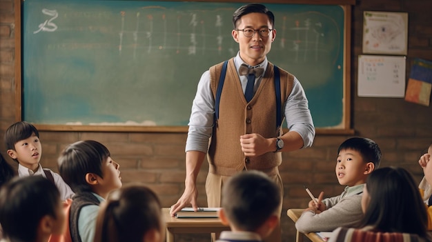 um professor masculino asiático está no quadro preto na sala de aula com crianças na foto da lição