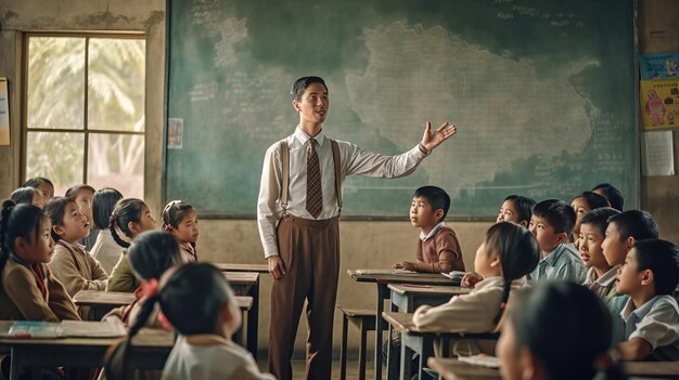 um professor masculino asiático está no quadro preto na sala de aula com crianças na foto da lição