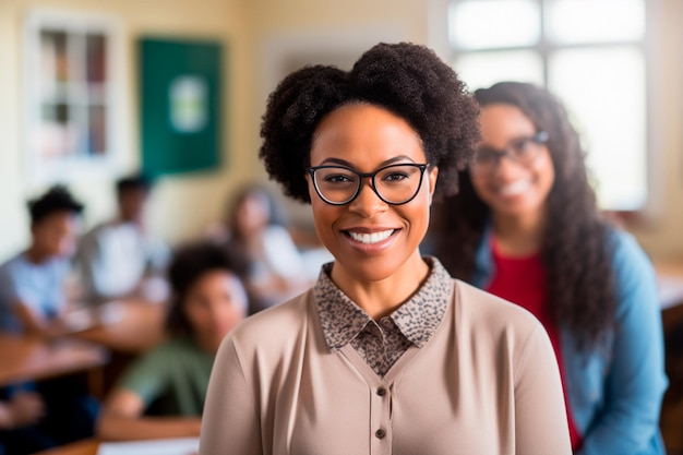 Um professor negro sorridente em uma sala de aula com alunos