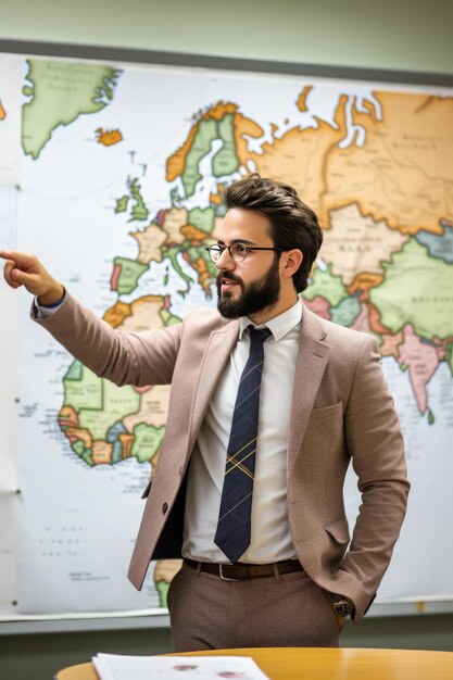 Foto um professor parado na frente da turma apontando para um mapa na parede