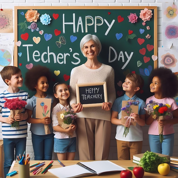 Foto um professor segura flores na frente de um quadro que diz feliz dia dos professores