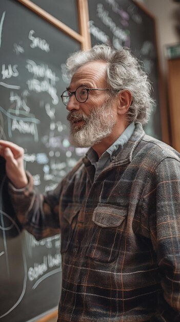 Foto um professor sênior a ensinar cálculo.