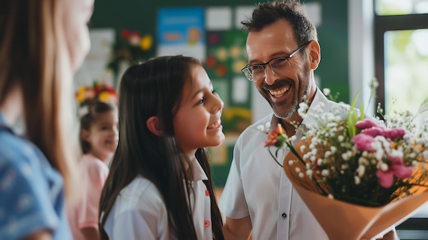 Um professor sorridente recebe um buquê de flores de um aluno O professor está vestindo uma camisa branca e óculos