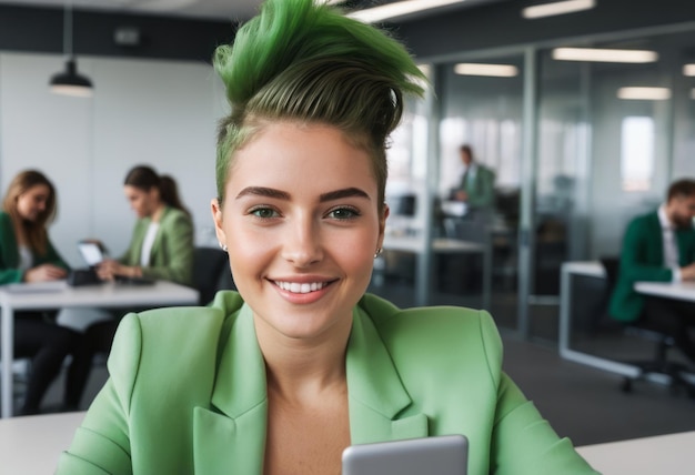 Um profissional criativo com cabelo verde sorri para a câmera em um ambiente de escritório seu verde
