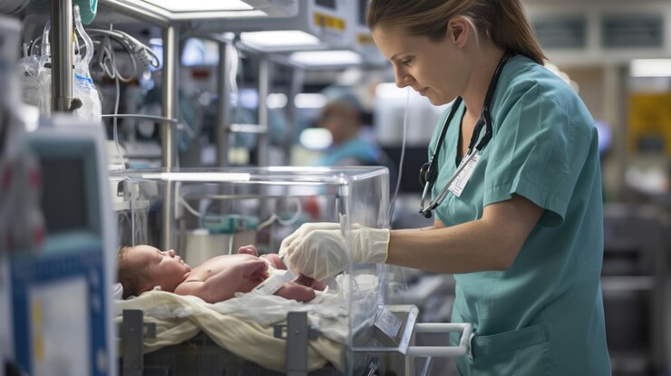 Foto um profissional de saúde vestido com roupa médica está cuidando de um recém-nascido em uma incubadora em uma unidade de cuidados intensivos neonatais de um hospital