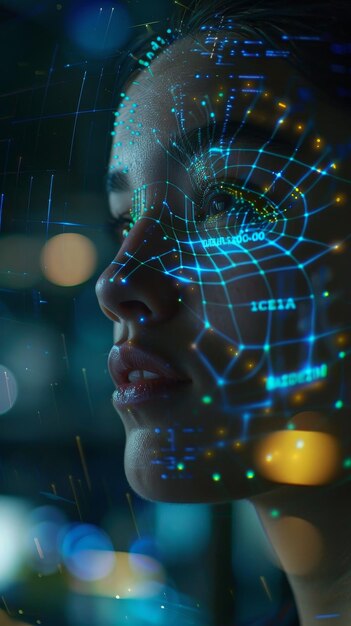 Um profissional de tecnologia intenso com um rosto iluminado por uma tela exibindo padrões de dados complexos em um ambiente de escritório moderno