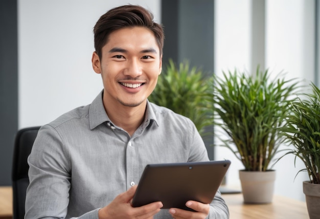 Um profissional focado usa um tablet em um espaço de escritório moderno sua camisa cinzenta casual reflete um