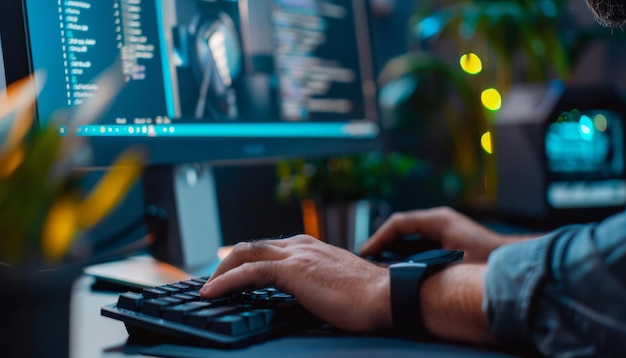 Um profissional que configura um login seguro numa estação de trabalho com autenticação em dois fatores, incluindo um token de segurança