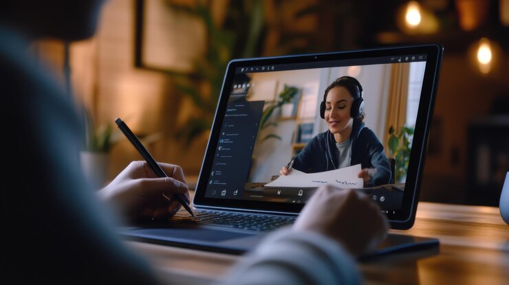 Foto um profissional que usa uma caneta digital para assinar documentos durante uma videochamada com um