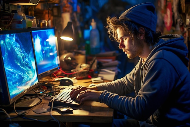 Um programador masculino edita vídeos em um computador à noite em seu quarto