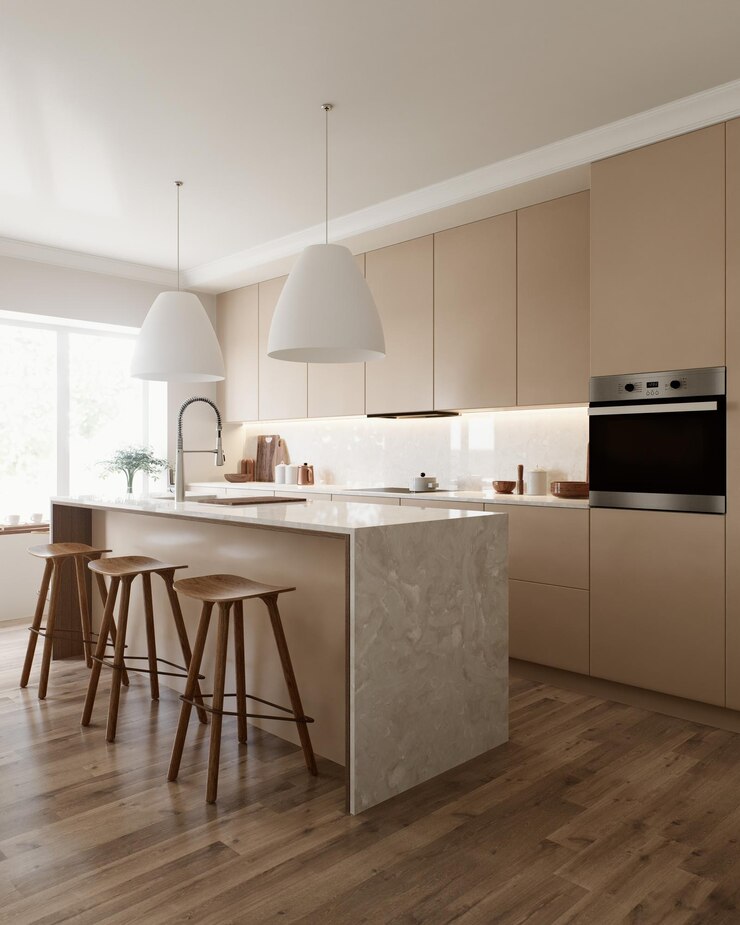 Foto um projeto de cozinha moderno que apresenta uma estética minimalista complementada por elementos naturais