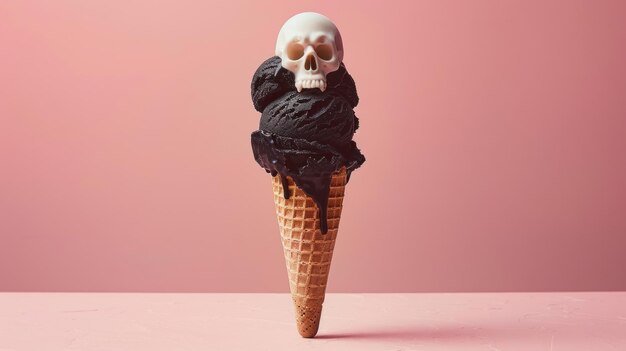 Um projeto minimalista de um cone de sorvete preto com um único crânio branco em cima transmitindo uma mensagem simples, mas poderosa