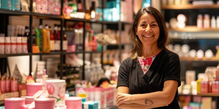 Foto um proprietário de uma loja exibe com confiança os produtos e oferece um serviço amigável numa loja urbana aconchegante aig58
