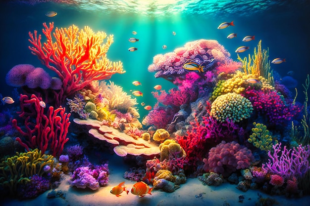 Um próspero recife de coral subaquático repleto de vida marinha colorida iluminada por raios de sol