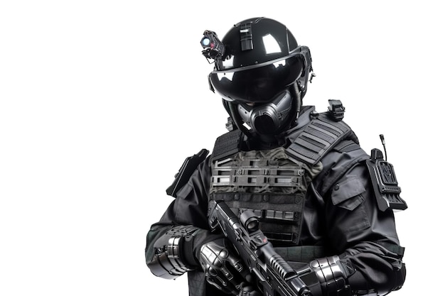 Um protótipo de um moderno uniforme preto da polícia militar para unidades especiais