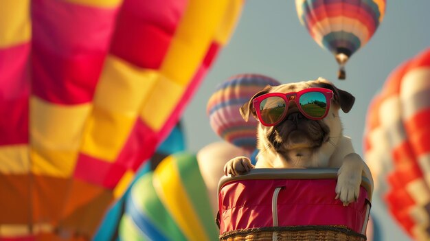 Foto um pug bonito usando óculos de sol senta-se em um balão de ar quente o pug está olhando para a vista com uma expressão presunçosa em seu rosto