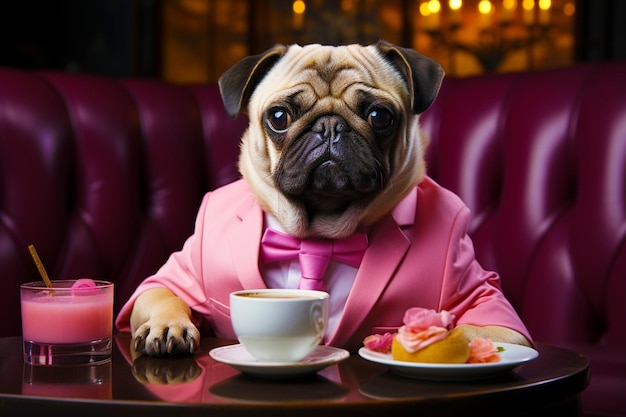 Um pug elegante em um terno rosa moderno bebe café em um restaurante ou café