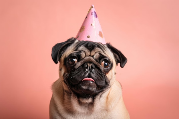 Um pug usando um chapéu de festa rosa está sentado em frente a um fundo rosa.