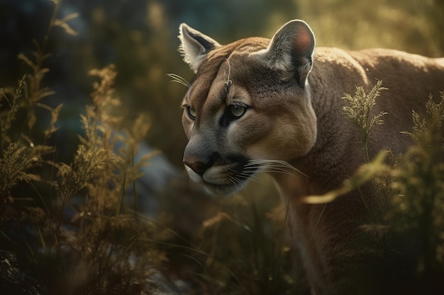 Um puma em um campo com grama e flores