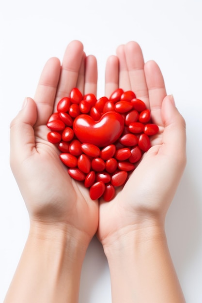 Um punhado de doces vermelhos em forma de coração