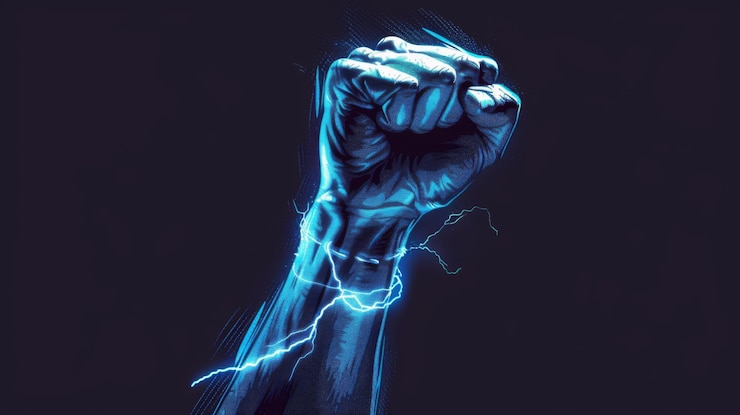 Foto um punho azul a tremer com energia relâmpago.