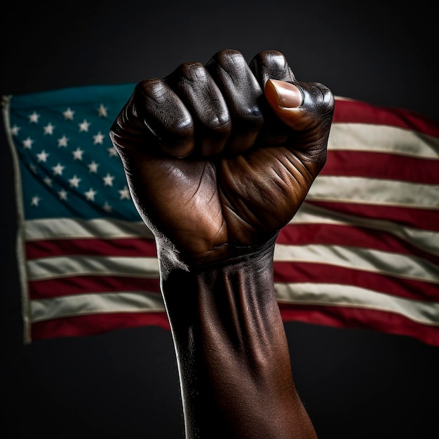 Um punho de mão negra levantado em solidariedade acompanhado pelas cores vibrantes da bandeira dos Estados Unidos
