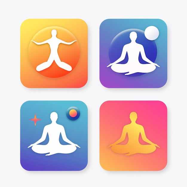 Foto um quadrado colorido com silhuetas de pessoas e símbolos de ioga