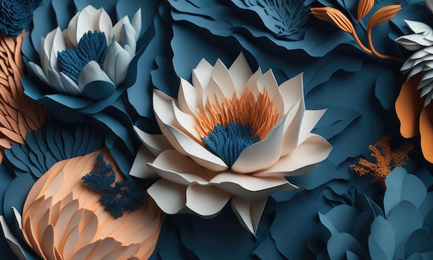 Um quadro abstrato feito de flores de papel no estilo de esculturas em madeira coloridas